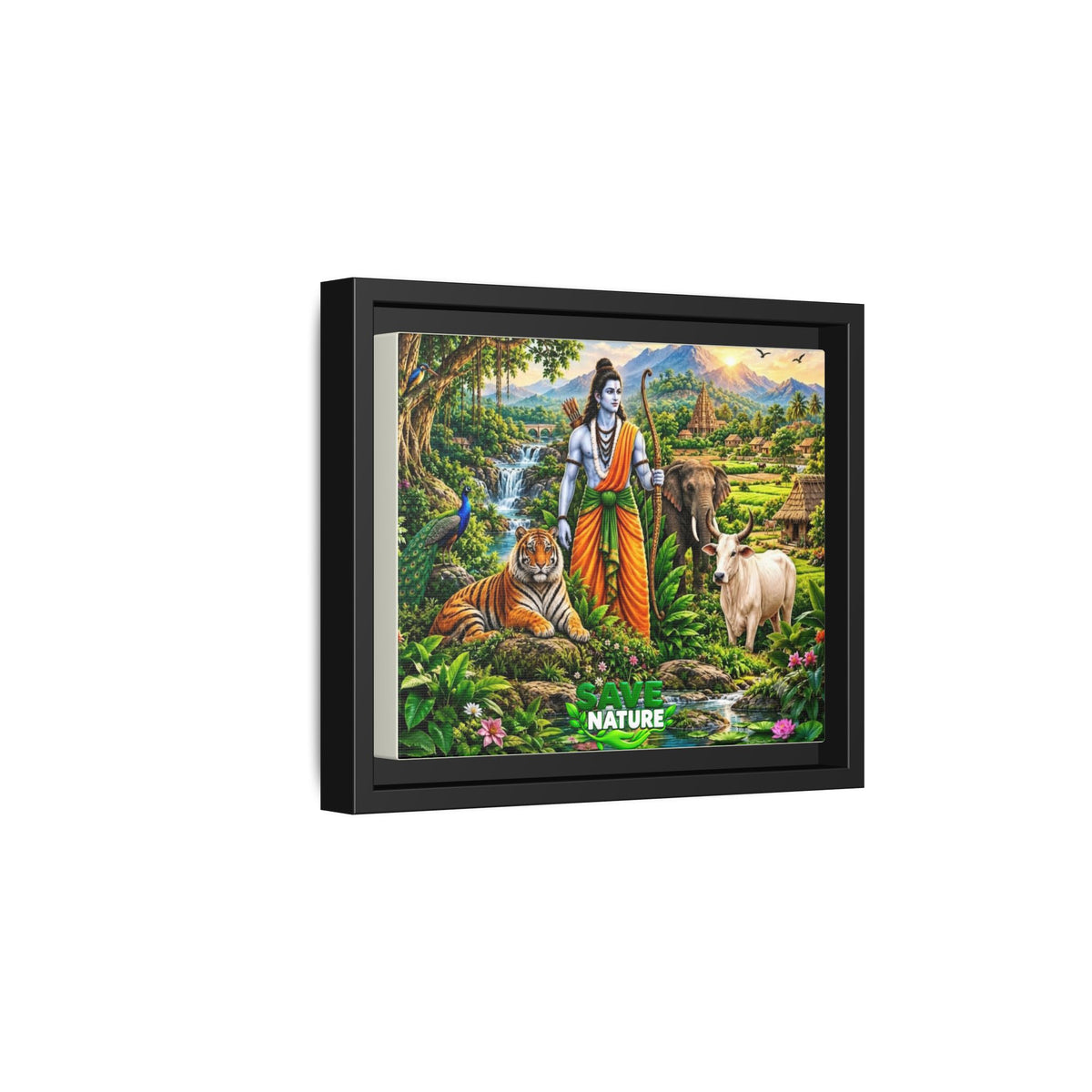 Framed Canvas Art — 'Save Nature' Lord Rama & Wildlife Landscape